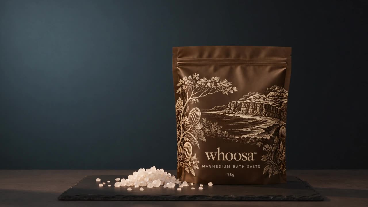 WHOOSA Magnesium Flakes + Epsom Bath Soak in amber glass, studio light