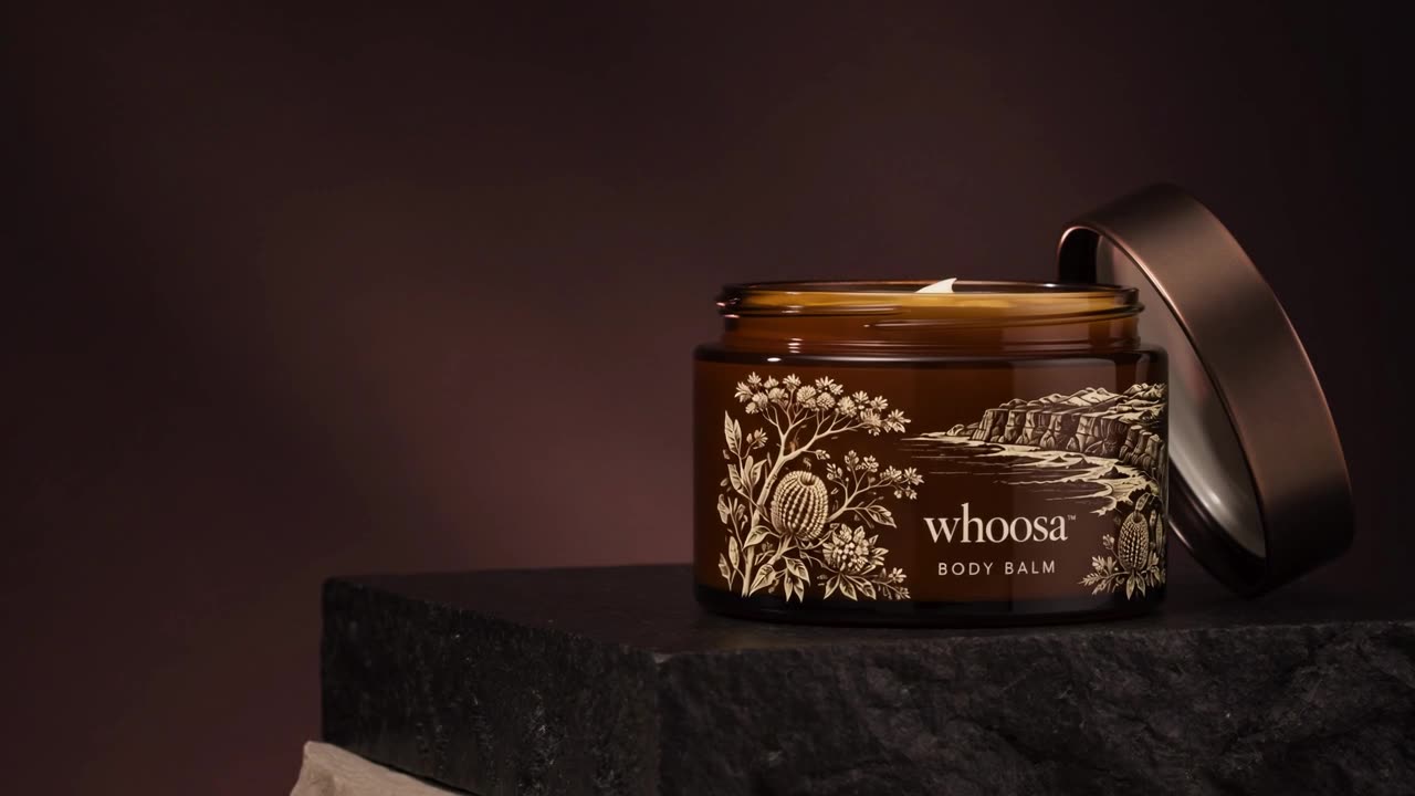 WHOOSA Magnesium Body Butter in amber glass, studio light
