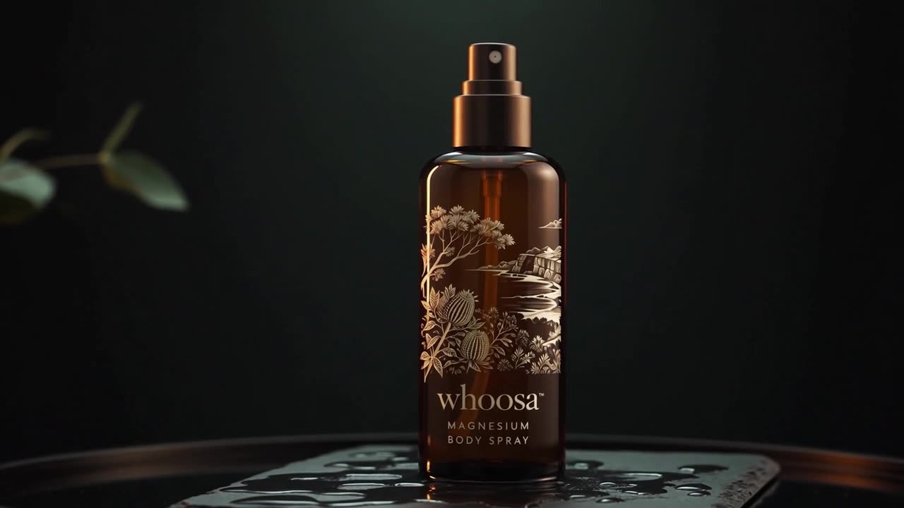 WHOOSA Magnesium Body Spray in amber glass, studio light