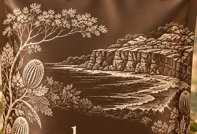 Close-up of the ivory linework printed on the bath salts pouch: banksia, eucalyptus and a sandstone headland above the sea
