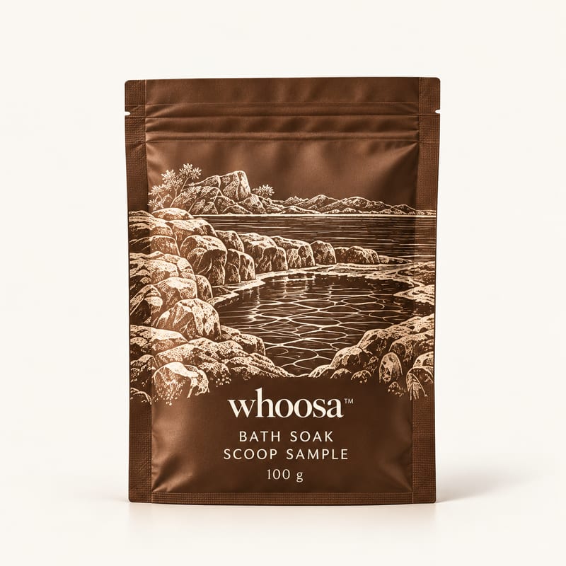 Concept render of the WHOOSA Bath Soak Scoop Sample, 100 g: a small brown kraft pouch with engraved rock pool line art, on a warm ivory background