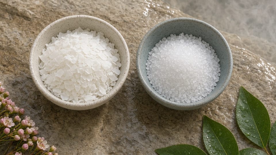 Close-up of a ceramic bowl of flat white magnesium flakes beside a bowl of clear Epsom salt crystals on wet sandstone, with kunzea flowers and green leaves.