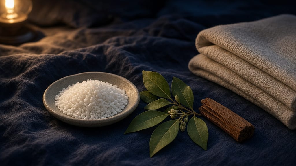 White magnesium flakes in a stone dish beside lemon myrtle leaves, a piece of sandalwood and a folded towel on dark linen in low lamp light.