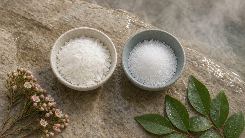 Two ceramic bowls on wet sandstone, one of flat white magnesium flakes and one of clear Epsom salt crystals, with kunzea flowers and lemon myrtle leaves.