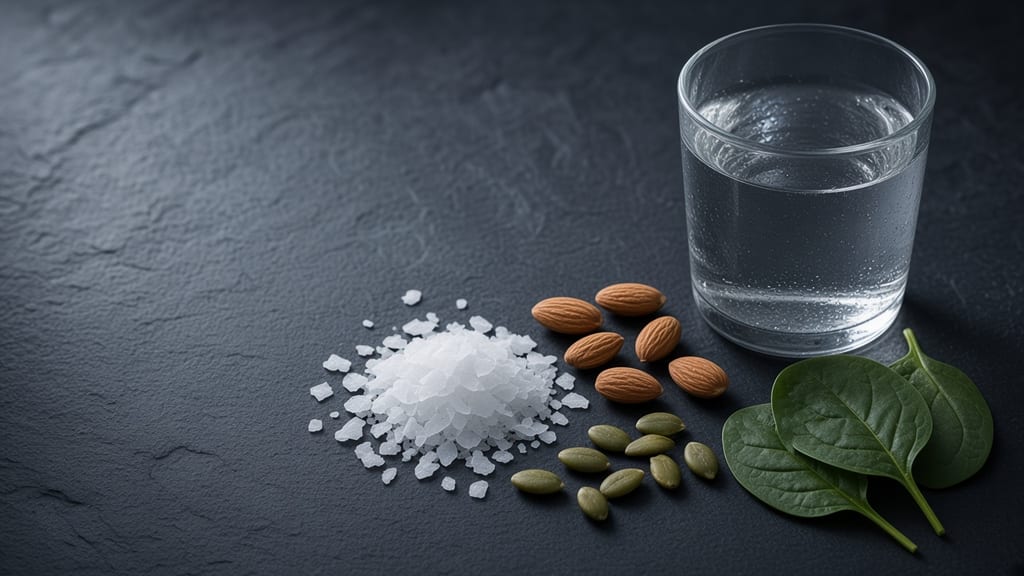 White magnesium flakes, almonds, pumpkin seeds and spinach leaves beside a glass of water on dark slate.