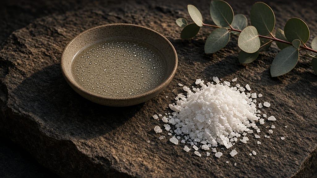 A shallow stoneware dish of clear liquid with beaded droplets beside white magnesium chloride flakes and a eucalyptus sprig on dark sandstone.