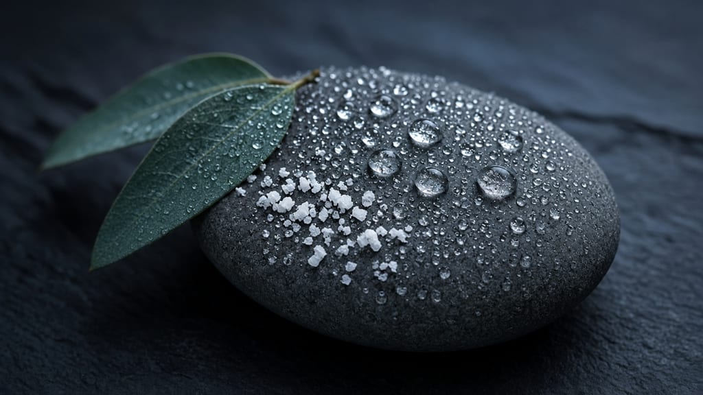 Fine water droplets and a few white mineral salt crystals on a smooth dark river stone with a eucalyptus leaf on slate.