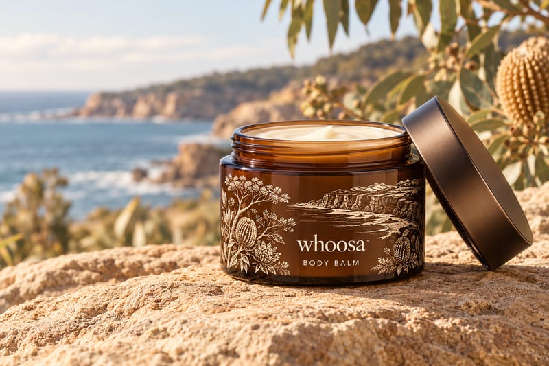 Concept render of the WHOOSA Magnesium Body Butter jar with coastal linework, on sandstone, shown for the Night Gift Set